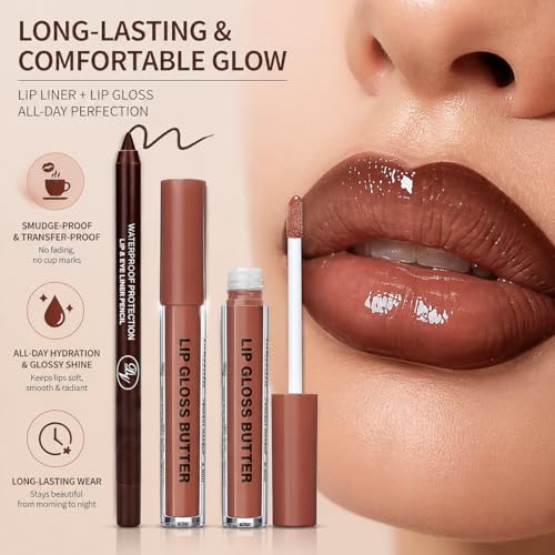 Image of 2PCS Lip Gloss with Brown Lip Liner Lip Combo Set - Caramel Latte Soft Brown Nude Shade for Chic Daily Makeup, Lip Plumping Effect, High Shine Gloss Finish, Overlined Lips for Fuller Looking Lips
