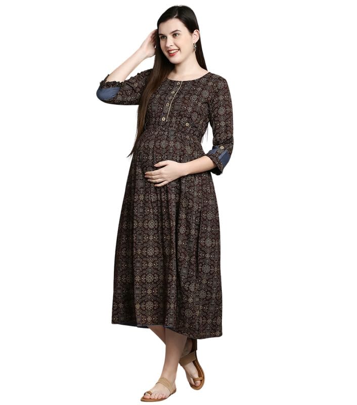 DUMMY SHAPE Maternity Gown for Women | Rayon Pregnancy Dress Kurta with Nursing Zippers for Pre & Post Partum | Feeding Kurtis (DS-133_XL, Brown) offers donot miss