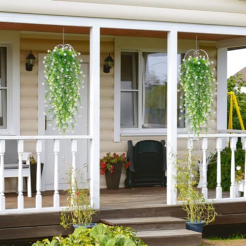 SOMYTING 6PCS Artificial Hanging Flowers,UV-Resistant Fake Hanging Plants Flower Bouquet Artificial Flowers for Garden Wall Fence Wedding Balcony Outdoor Inside Home Door Decoration (White) - Image 3