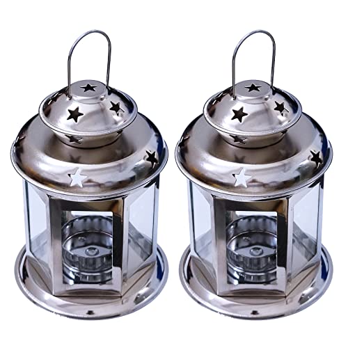 Par de faroles colgantes de cristal antiguo con estrellas y marco de metal, lámpara de noche, romántica decoración de Navidad, boda, fiesta, paquete original (plateado)