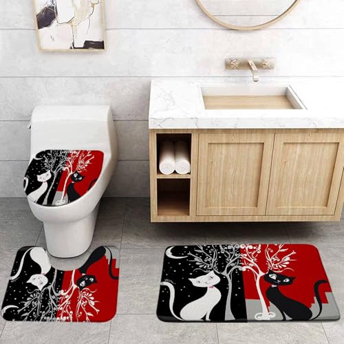 Valentine's Day 3 Pcs Bath Rugs Set,Red Black Cute Cat Kitten Romantic Sweet Love Couple Pet Lover Modern Creative Bathroom Kitchen Rug with 17.8