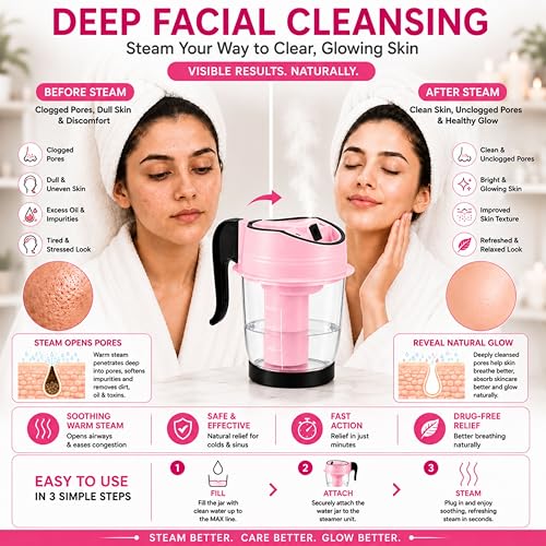 Image of Facial Steamer Vaporizer for Instant Cold and Cough Relief (Pink)