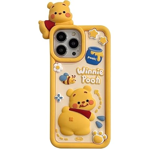 Soft Silicone Case for Apple iPhone 14 Pro Max 6.7 Teddy Bear Butt Honey Bee Hunny Floral Yellow Color 3D Cartoon Anime Super Cute Lovely Adorable Kids Girls Cover