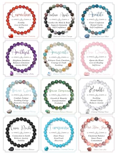 SAMOCO 12PCS 8mm Natural Crystal Bracelets for Women Men Semi-Precious Gemstone Beaded Bracelets Round Beads Gemstones Stretch Yoga Bracelet Jewelry Gift