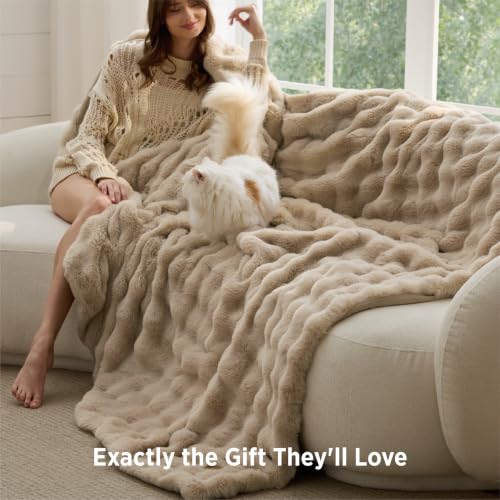 Image of Bedsure GentleSoft Bubble Faux Fur King Size Blanket for Bed, Fluffy Fuzzy King Blanket for Winter, Soft Cozy Faux Fur Bedding Thick Warm Plush Decor for Bedroom, Beige, 104x90