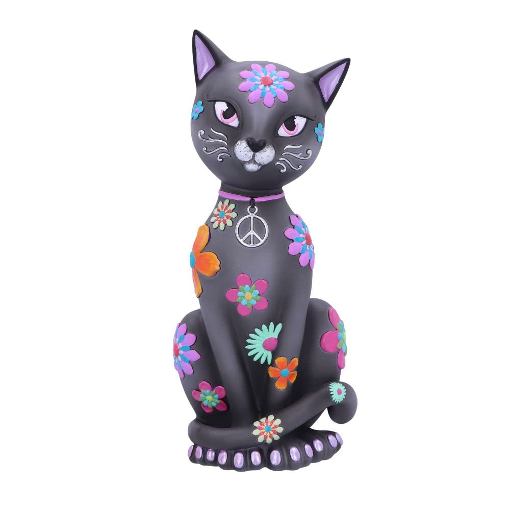Hippy Kitty Black Cat Figurine Peace Flower Power Floral - Nemesis Now 26cm