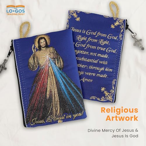 Image of Catholic Rosary Pouch, 4 inch x 6 inch Jewelry & Coin Purse with Cross, Small Woven Tapestry Icon Bag, Bolsa de Rosario Catolico para Joyeria, Devine Mercy of Jesus & Jesus is God, 4 x 6 Inch