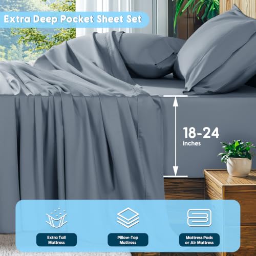 Image of SONORO KATE 1000 Series 100% Egyptian Cotton Sheets,Extra Deep Pocket | 18-24 Inch Extra Deep Pocket,Soft & Breathable,5-Star Hotel Sateen Bed Sheets,All Season,4pc,French Blue