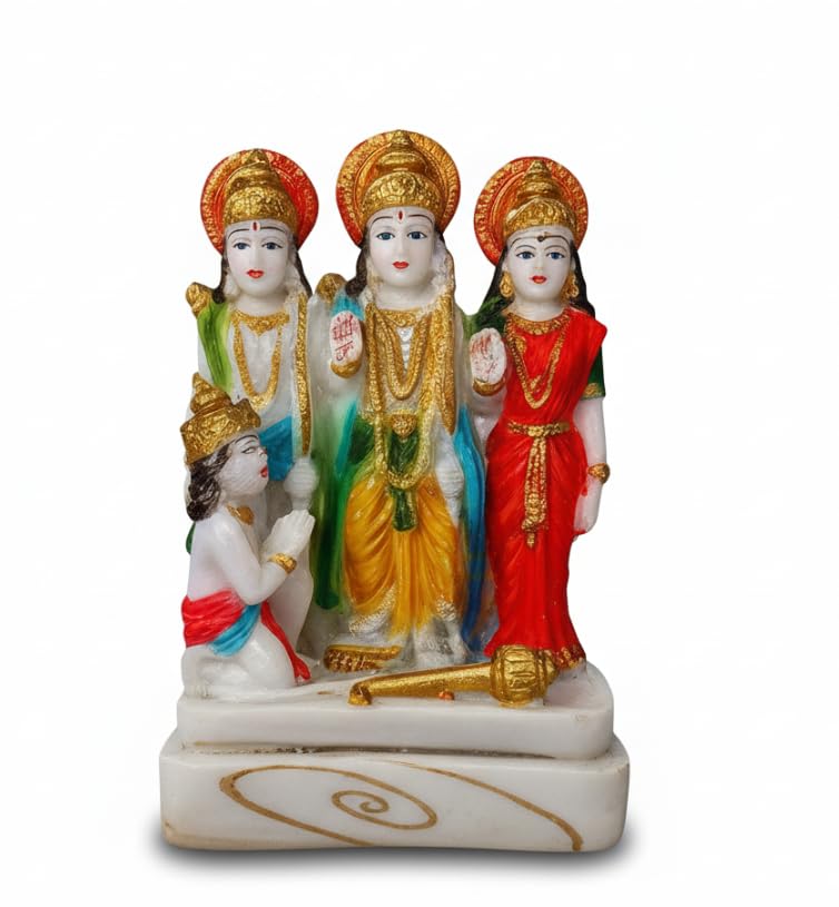 Image of Ram Darbar Idol with Hanuman Small Ram Sita Lakshman Murti Marble Dust Statue for Home Mandir Pooja Decorative Ram Darbar Statue