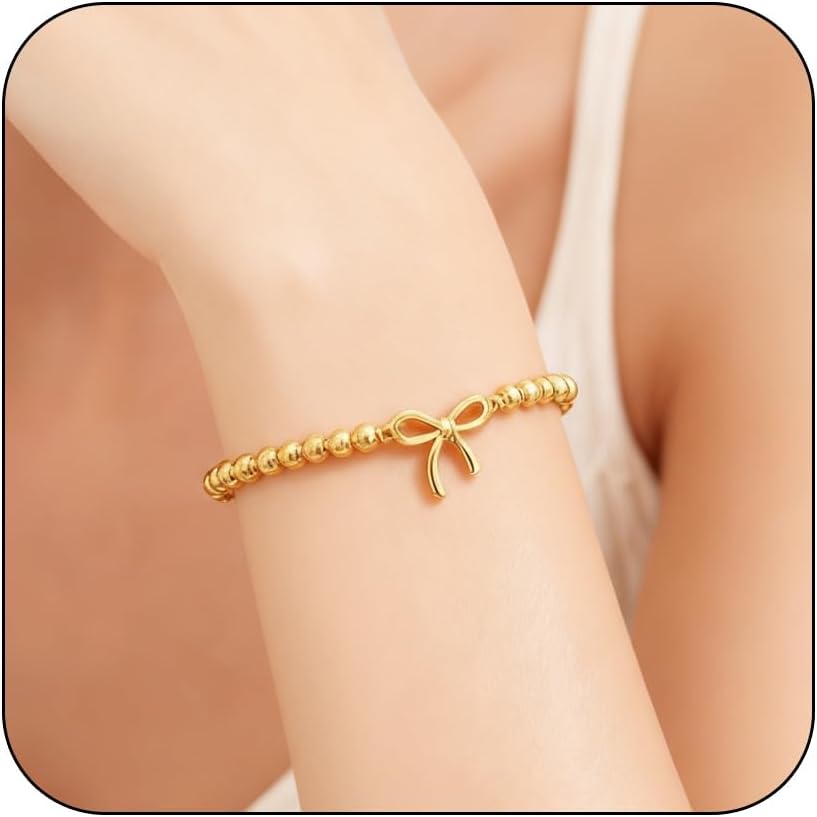 Beaded Bow Bracelets for Women Stretch, Dainty Gold Silver Elegant Beads Bow Charm Stackable Jewelry Gifts for Her Non Tarnish Handmade