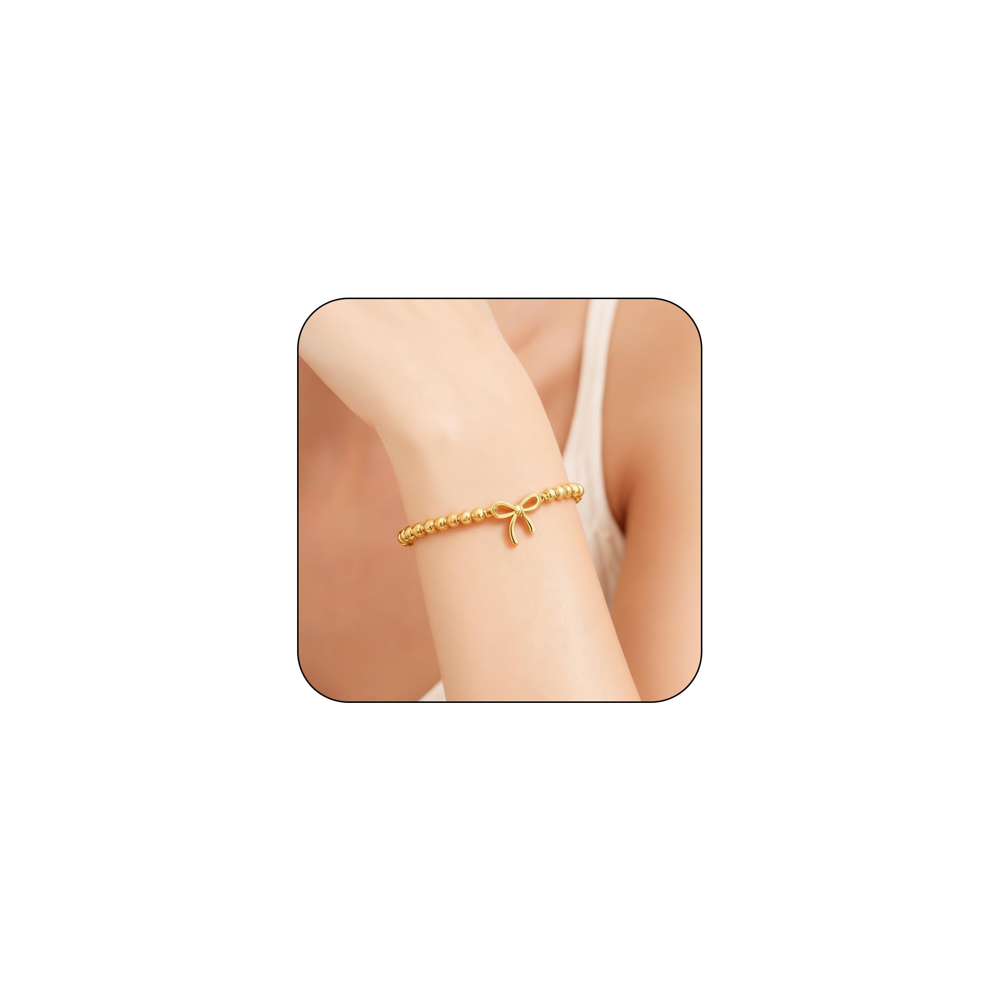 Beaded Bow Bracelets for Women Stretch, Dainty Gold Silver Elegant Beads Bow Charm Stackable Jewelry Gifts for Her Non Tarnish Handmade
