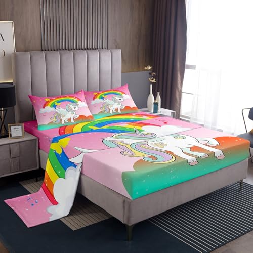 Kids Kawaii Unicorn Queen Bed Sheets Girls Unicorn Sheet Set Stars Rainbow Gradient Bedding Set Cartoon Yellow Musical Notes Fitted Sheet Children Unicorn Animals Top Flat Sheet,Multicolor 4 Pieces