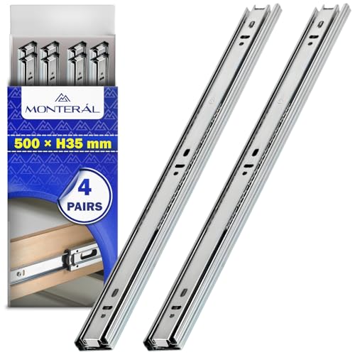 4 Pares Guias Correderas para Cajones con Rodamiento de Bolas 500 mm x H 35 mm - Rieles para Cajones Telescopicas de Extensión Total - Garantía de 10 Años - MONTERAL