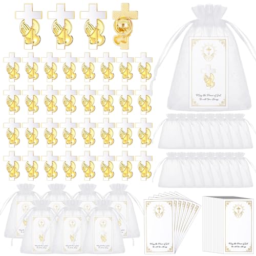 Zeyune 50 Sets Cross Pins Bulk Funeral Christian Praying Hands Cross Lapel Bulk Hat Pins for Christmas Men Women Gold Religious Christian Chaplain for Baptism