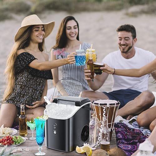 Nugget Countertop Ice Maker with Soft Chewable Pellet Ice,Pebble Portable Ice Machine with Ice Scoop, 34lbs in 24 Hours, Self-Cleaning, Sonic Ice, One-Click Operation, for Kitchen,Office Black