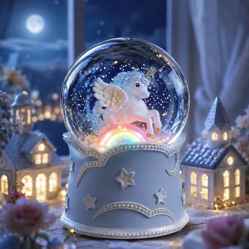 Unicorn Snow Globe with Lighted Rainbow Over The Rainbow Music Wind-Up Musical Snow Globe with Floating Glitter Elegant Decorative Gift for Girls Bedroom Nursery Decor Birthday