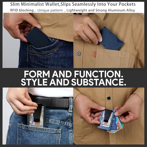 Minimalist Carbon Fiber Wallet for Men, Money Clip Cash Strap Wallet, RFID Blocking Metal Wallet Aluminum Card Holder,Front Pocket Wallet(Matte Navy Blue)4