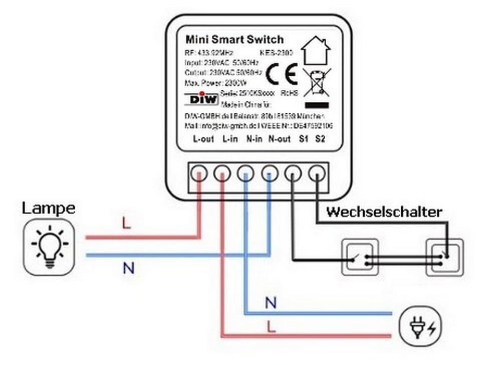 DIW-Kinetik KE-2300 Kinetisches Funk-Schaltset mit Einbau-Schalter und batterielosem Wandsender, 2300 W, 433 MHz, Funk-Lichtschalter ohne Verkabelung