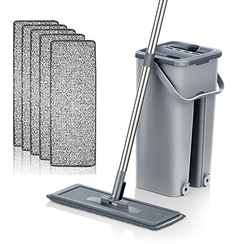 Mopa para Limpiar Azulejos Paredes Suelos Fregona Mopa con Cubo Escurridor Fregona Plana Mopa Cubo con 6 Almohadillas Autoescurrible Madera Parquet Ventanas Mop Bucket Gamuza Trapeadora