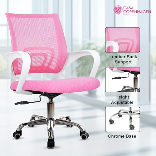 Image of Casa Copenhagen Mesh Mid Back Office /Study /Computer /Revolving /Desk Chair for Work from Home -Metal Base, Height Adjustable Seat- Smoky Pink & White Handle