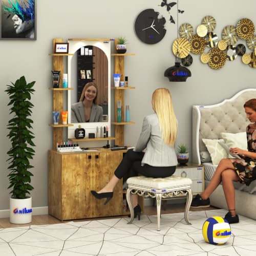 Image of Anikaa Venza Engineered Wood Dressing Table with Wall Mounted Mirror & LED Lights Open Shelf | Makeup Vanity Storage Cabinet with Soft Closed Hinge Door for Bedroom -(Giantwood /White) DIY Installation