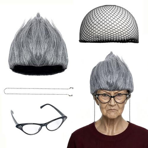 QACCF Halloween Costume Old Lady Costume Gray Wig with Beaded Necklace Chain Cat Eye Glasses