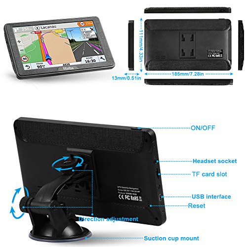 Hieha 7 Inches Navigation System for Car Truck RV Vehicles with Pre-Loaded Latest US/CA/MX Maps, 8GB 256Mb Touch Screen GPS Navigation Device with Car Bracket Holder, Lifetime Free Map Updates