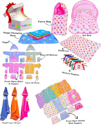 Image of Toddylon New Born Baby Essentials Kit 56 Combo Set (0-6 Months) | Newborn Hospital Bag Kit | Baby Combo Set for New Born | Infant Dress & Accessories Set | Ideal Gift for New Parents (Pink)