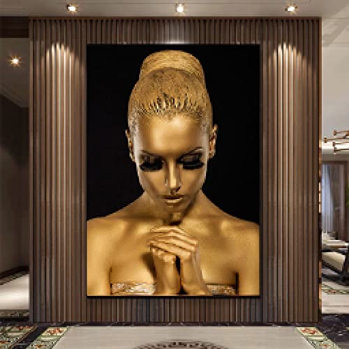 Portrait femme peinture toile noir et or pour habiller un grand mur vide de salon