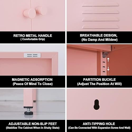 Miniatura 22 de Armarios decorativos de metal rosa con 2 estantes ajustables, armario de almacenamiento de metal de 3 niveles con patas, armarios de acero para