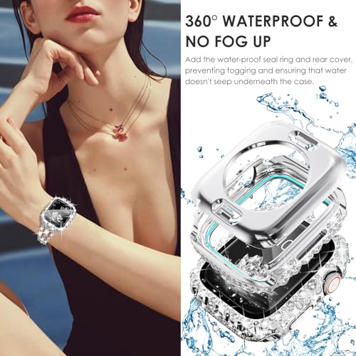 Surace Compatible with Apple Watch Bands 41mm for Women Series 9 8 7, Bling Diamond Rhinestone Link Bracelet with 2 in 1 Waterproof Bling Case Lace Edge Diamond Protective Bumper Face Cover, Silver