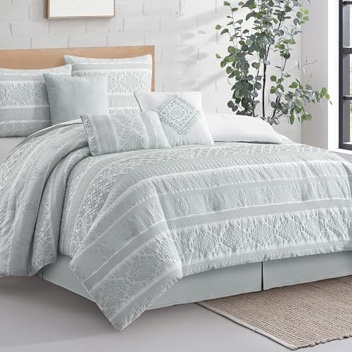 Image of LANCO MODERN LIFESTYLE 7 Piece King Comforter Set, Dusty Green, Elegant Jacquard with Patchwork, Stylish and Cozy Bedding Collection, Premium Bedding Set with Bedskirt, Shams and Pillows