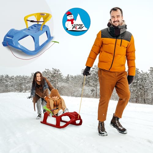 JAMARA 460367 - Snow Play Schlitten mit Lehne Snow-Star 90cm blau - R&uuml;ckenlehne inkl. Sicherheitsband, ergonomischer Sitz, Metallkufen, Kippschutz, robuster Kunststoff, Seil mit Griff zum Ziehen, 3KG