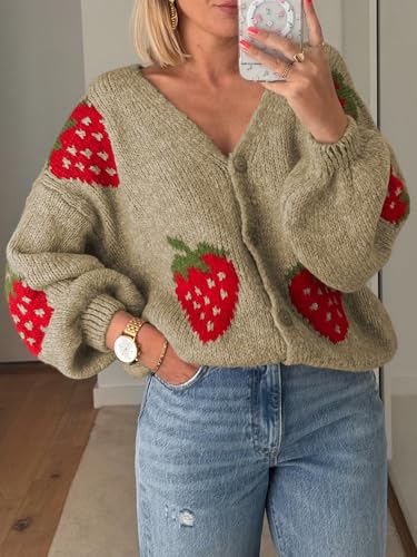 Women Button Down Sweater V Neck Cable Knit Crop Cardigan Y2K Kawaii Strawberry Embroidery Cardigan Sweater2