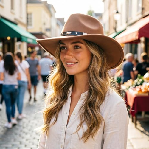Image of DRESHOW Cowboy Hat for Women and Men Western Felt Cowboy Cowgirl Hat Wide Brim Belt Buckle Retro Fedora Hats Unisex Caps