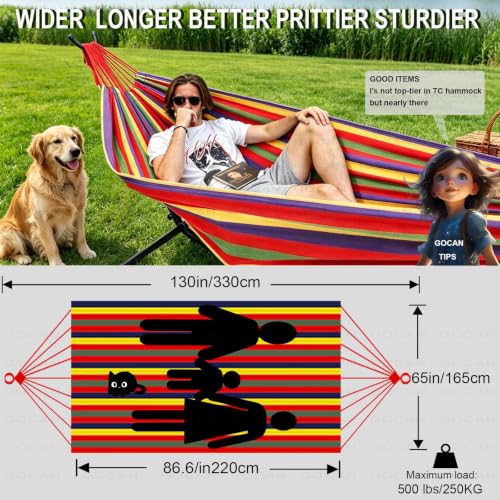 Image of GOCAN Brazilian Double Hammock 2 Person Extra Large 220x160cm Total Length 330cm Load 500lb Canvas Cotton Hammock for Patio Porch Garden Backyard Lounging Outdoor and Indoor(Rainbow) XXL