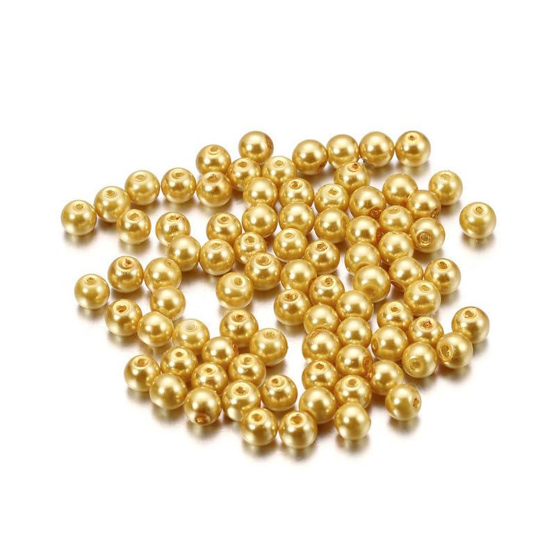 100pcs Gold Glass Pearls Beads 8mm Round Imitation Pearls Beads Loose Craft Bead for Bracelets Necklaces DIY Crafting