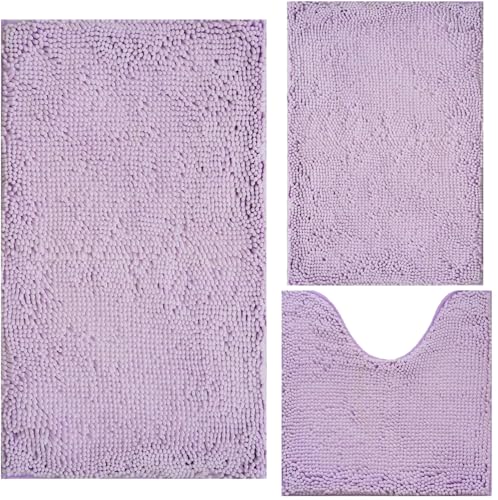 Image of Bathroom Rugs Chenille 3-Piece Extra Soft and Absorbent Shag Bathroom Rugs, Machine Wash Mat, Strong PVC Non-Slip Underside, Plush Carpet Mats, Lavender
