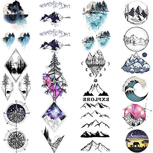 COKTAK 12Pieces/Lot Small Watercolor Mountain Tree Temporary Tattoos For Women Kids Geometric Body Art Arm Fake Tattoo Sticker Round Sheets Men Waterproof Tatoos Sheet Paper