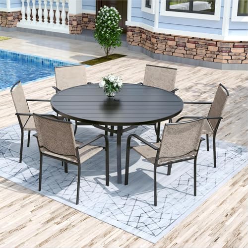 Image of Anmutig 7-Piece Outdoor Dining Set 6 Stackable Sling Chairs & 54 inch Round Table with Umbrella Hole All Weather Furniture Set for LawnDeckBackyard - Beige White Fabric