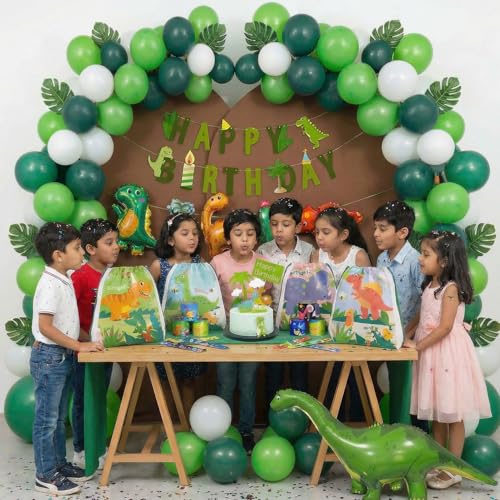 Image of Party Propz Dinosaur Jungle Theme Birthday Decoration Kit with Return Gifts Set - 84 Pcs, Dinosaur Foil Balloon - 50 Inch, Dinosuar Bag Return Gifts, Happy Birthday Decoration Kit for Boys (Cardstock)