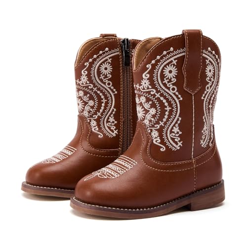 BMCiTYBM Toddler Cowgirl Cowboy Boots Little Boys Gilrs Kids Square Toe Western Boots Mid Calf Side Zipper Riding Shoes for All Seasons Brown Size 6 Toddler