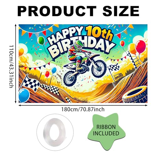Image of Nuxovilar Happy 10th Birthday Banner Backdrop 71 inchx43 Polyester | Celebrate Party Supplies, Celebration Decor. Dirt Bike Birthday Party Decorations. Yard, Garage, Room. (Dirt Bike 10th)