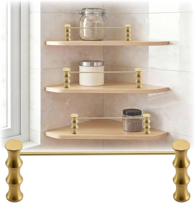 39" Long Brass Kitchen Shelf Railing - Set of 6 Anti-Fall Metal Guardrails with 2 Spindles, Sturdy Display Fence Kit for Modern Kitchen Organization & Décor, Durable & Stylish Storage Solution