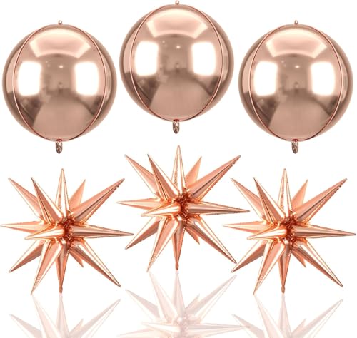 Image of 6Pcs 22 inch Rose Gold Ball Balloons with Metallic Star 4D Large Foil Balloons for 70s Disco Party Birthday Decorations
