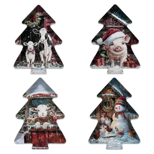 Gaivek 4 Pcs 24.5 x 33.8 CM Christmas Tree Melamine Tray Set, Festive Serving Platters with Watercolor Farm Animal Designs, Goat, Chicken, Pig, and Cow, Holiday Tableware for Seasonal Décor