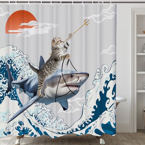 Image of Funny Cute Cat Shower Curtains,Japan Cat Shark with Ocean Sea Wave Shower Curtain for Bathroom,Japanese Cool Fabric Shower Curtain Set with Hooks Bath Decoration 72X72inches