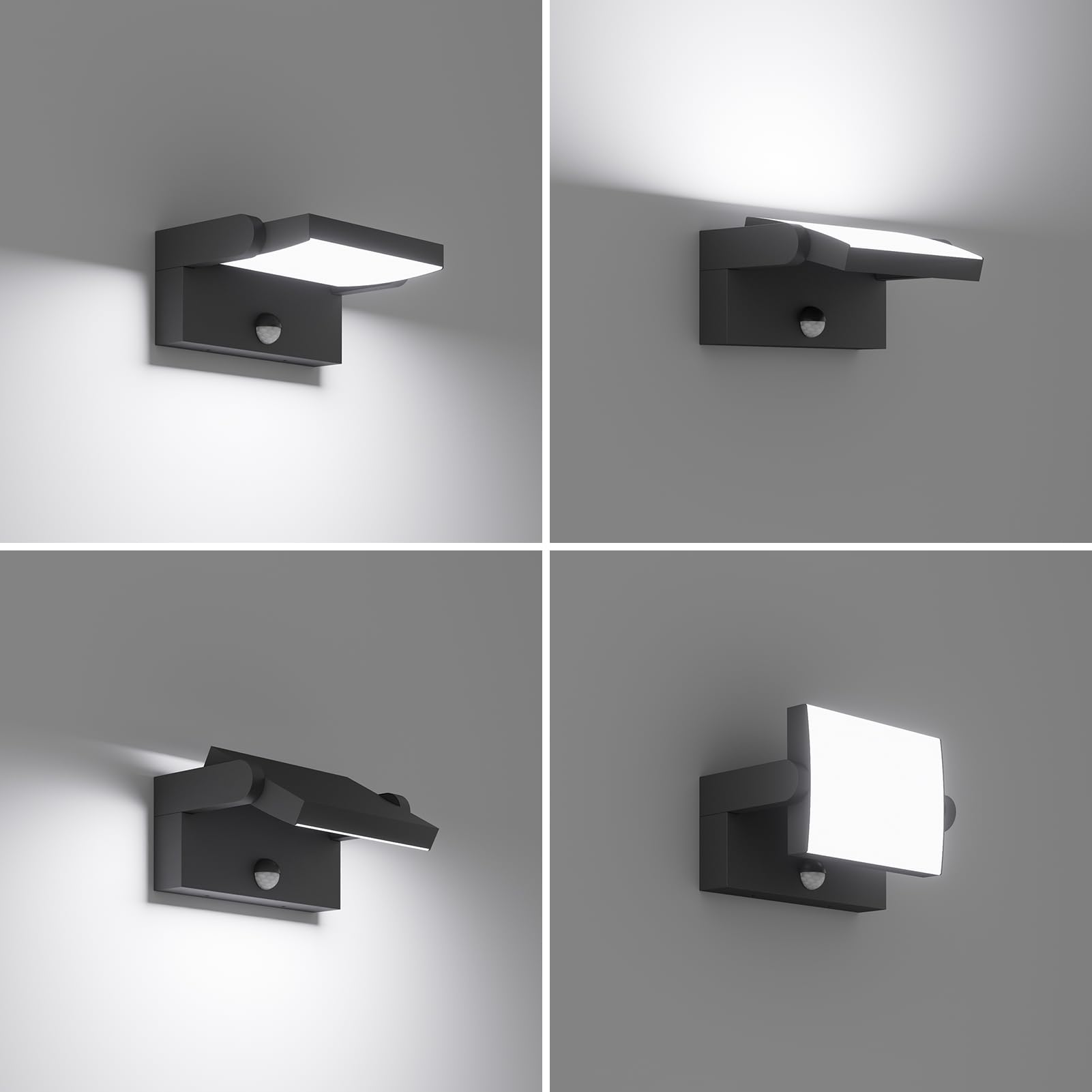 Klighten Lampa ścienna LED, 24 W, czujnik ruchu, IP65, lampa ścienna do wnętrz, na zewnątrz, panel obrotowy, lampa zewnętrzna do ogrodu, na taras, czarna, zimna biel 5700 – 6000 K | Wodoszczelność IP65, wychylny, materiał: aluminium, 1500 lumenów, do użyt