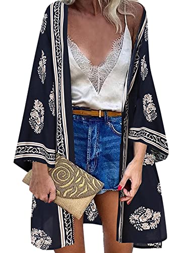 ZANZEA Mujer Gasa Cárdigan Floral Kaftan Playa Kimono Pareos Bohemia Suelto Verano Cover Up Blusa Homewear Tops Fresco Flor Blanca y Fondo Azul Marino S