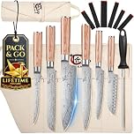 SYOKAMI Chef Knife Set with Roll Bag, Professional Japanese Kitchen Knives Sets, Damascus Pattern Pakkawood Wooden Handle, High Carbon Steel Knives with Case for Camp Outdoor Travel Gift 9 Piece